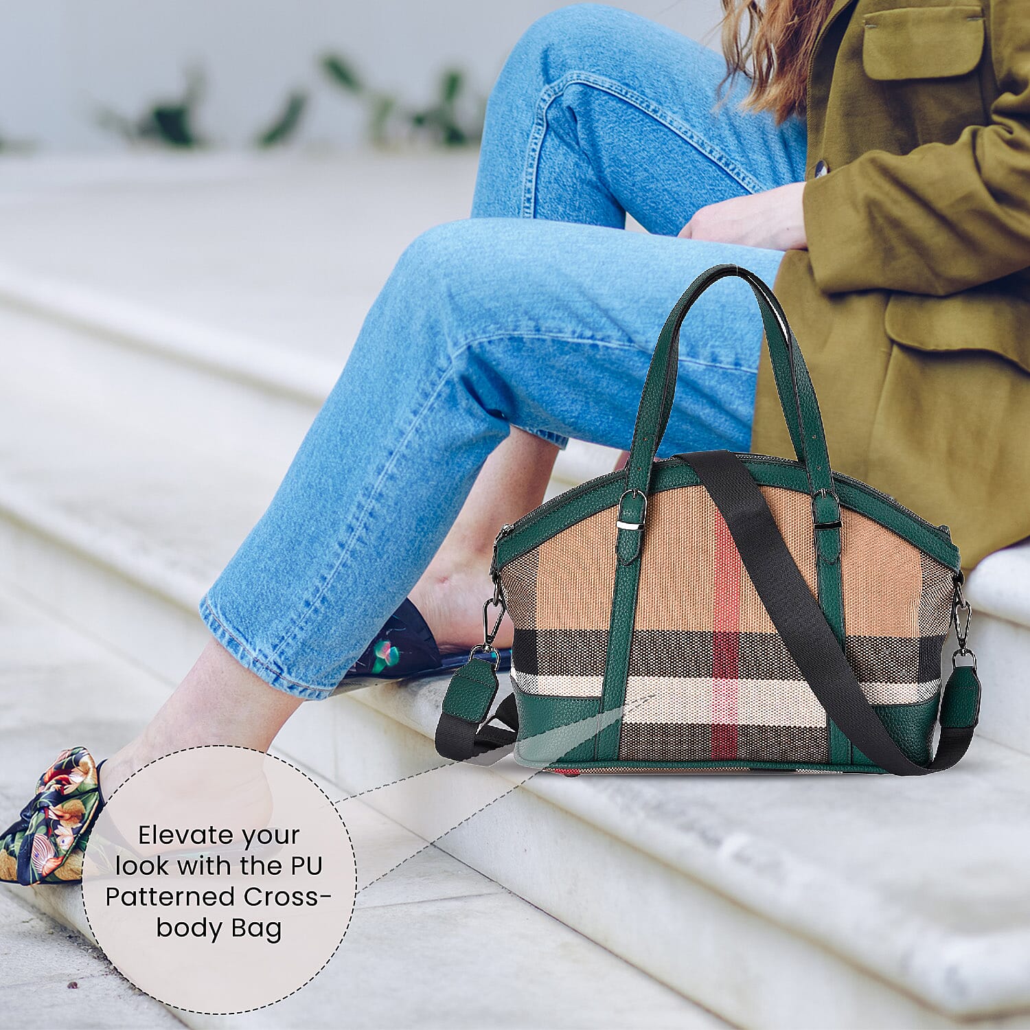 Plaid Pattern Medium Tote Bag with Detachable Shoulder Strap - Green 7550430 3
