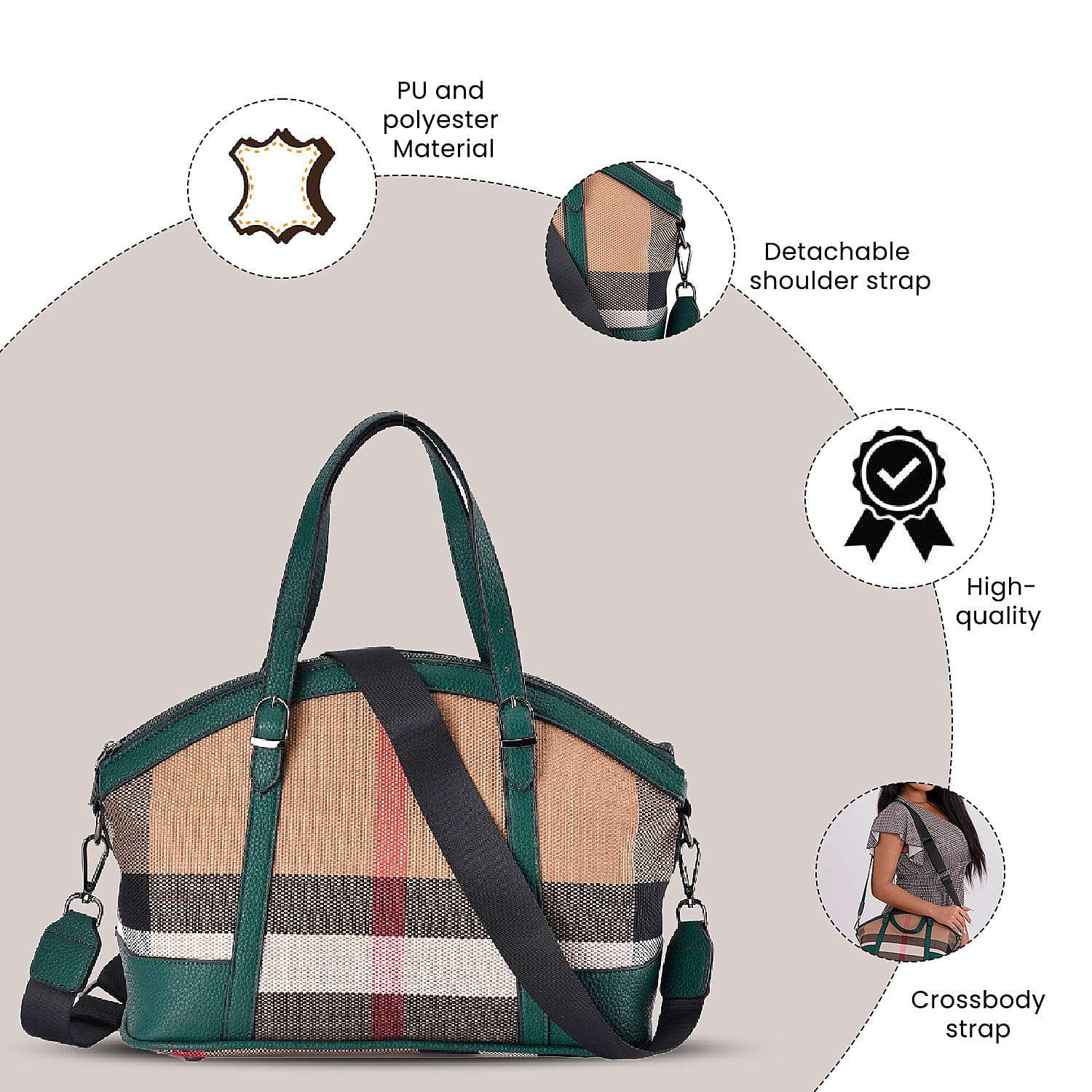 Plaid Pattern Medium Tote Bag with Detachable Shoulder Strap - Green 7550430 4