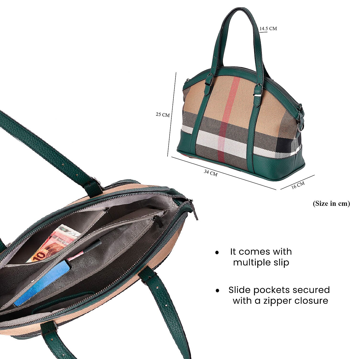 Plaid Pattern Medium Tote Bag with Detachable Shoulder Strap - Green 7550430 5