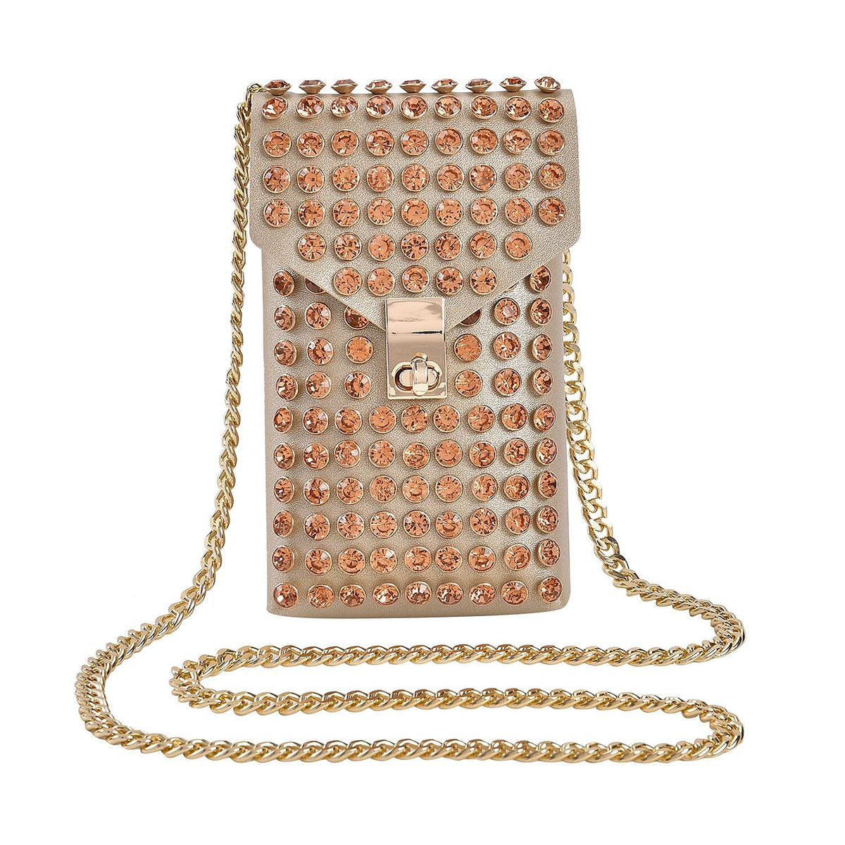 Crystal Studded Leatherette Crossbody Bag With Chain Shoulder Strap - Champagne 7582555 0