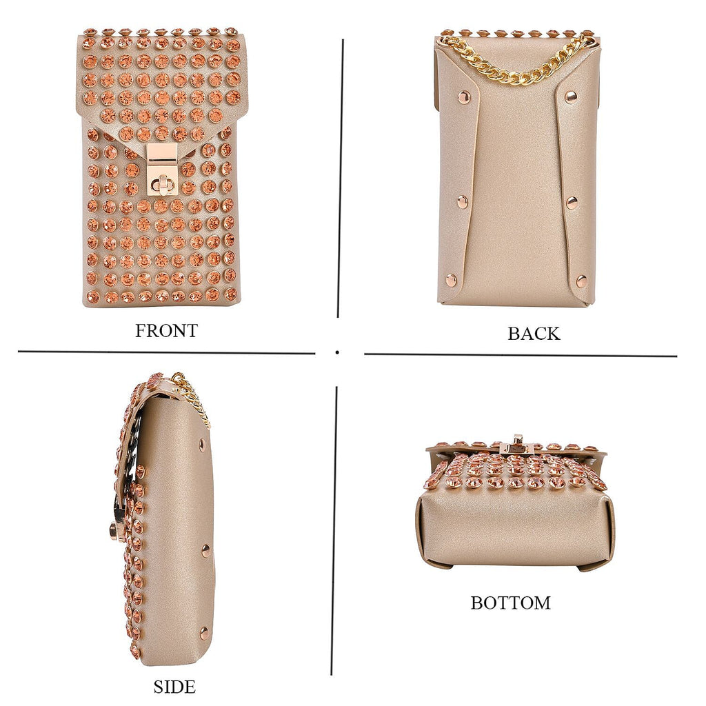 Crystal Studded Leatherette Crossbody Bag With Chain Shoulder Strap - Champagne