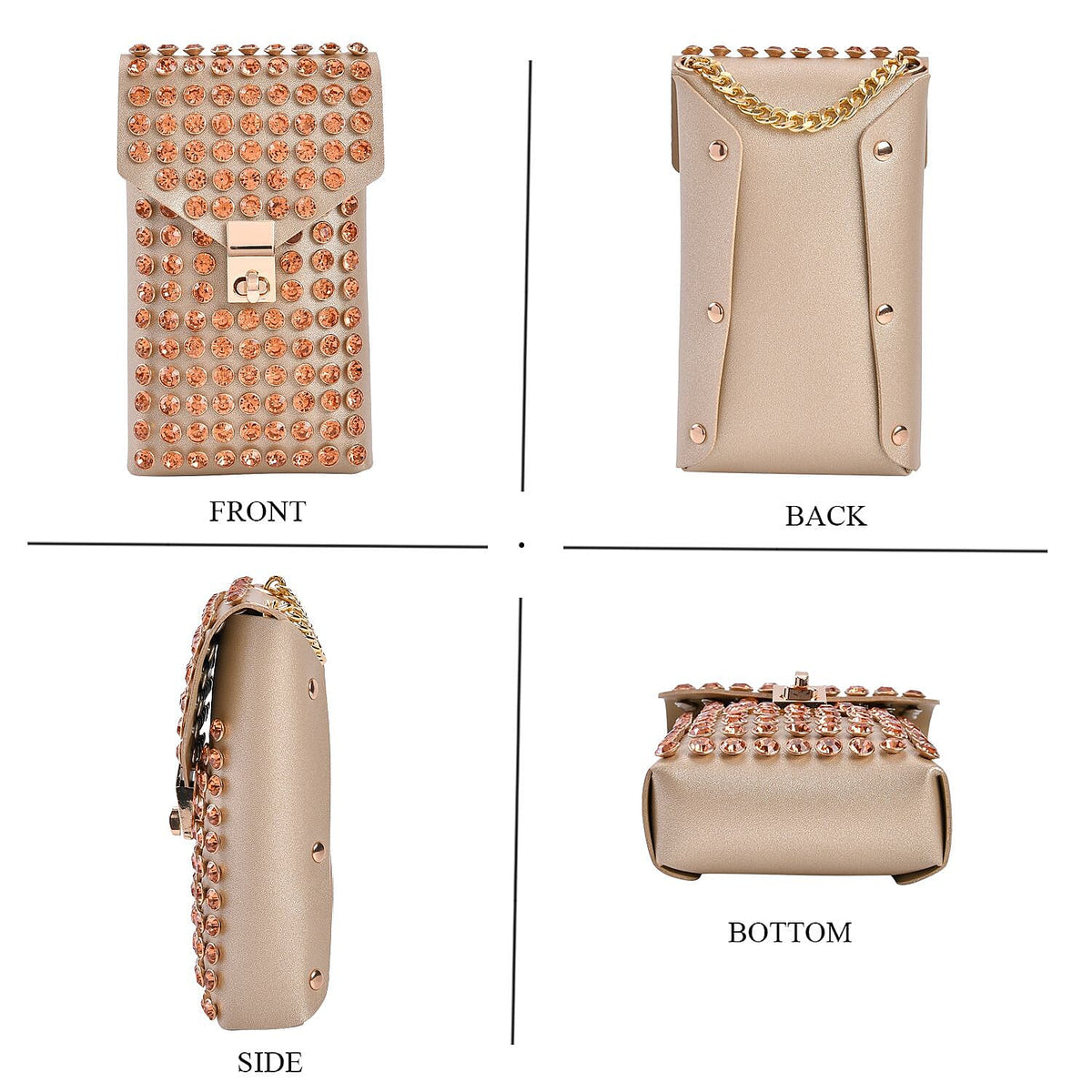 Crystal Studded Leatherette Crossbody Bag With Chain Shoulder Strap - Champagne 7582555 1