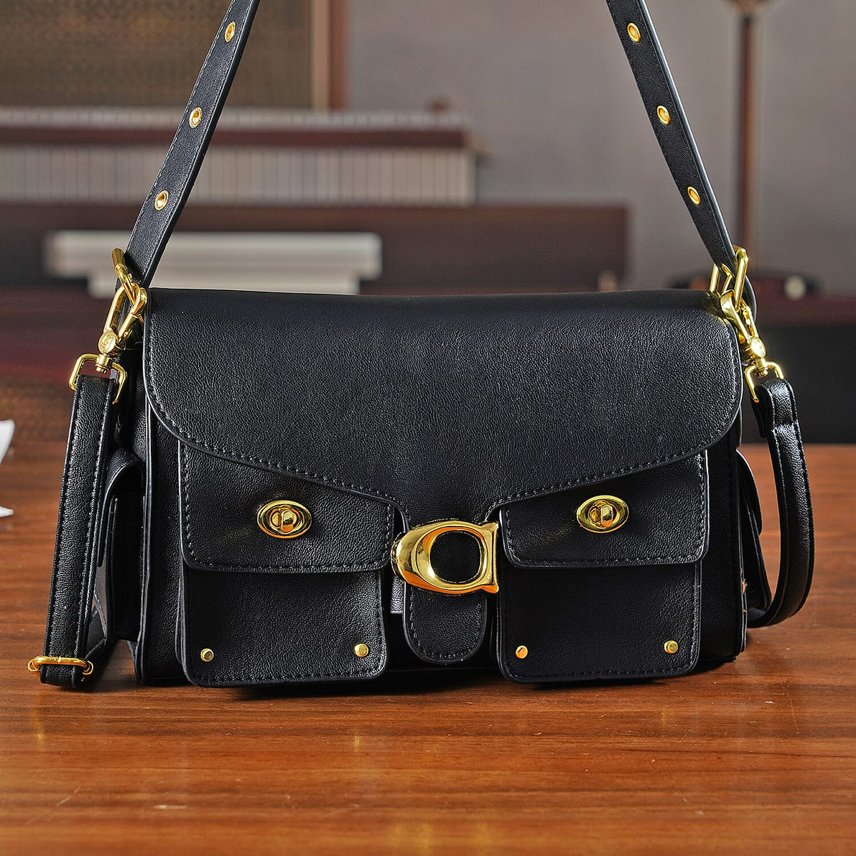 Designer Inspired Cargo Turnlock Soft Tabby Shoulder Bag - Black V32513845 2