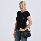 Designer Inspired Cargo Turnlock Soft Tabby Shoulder Bag - Black