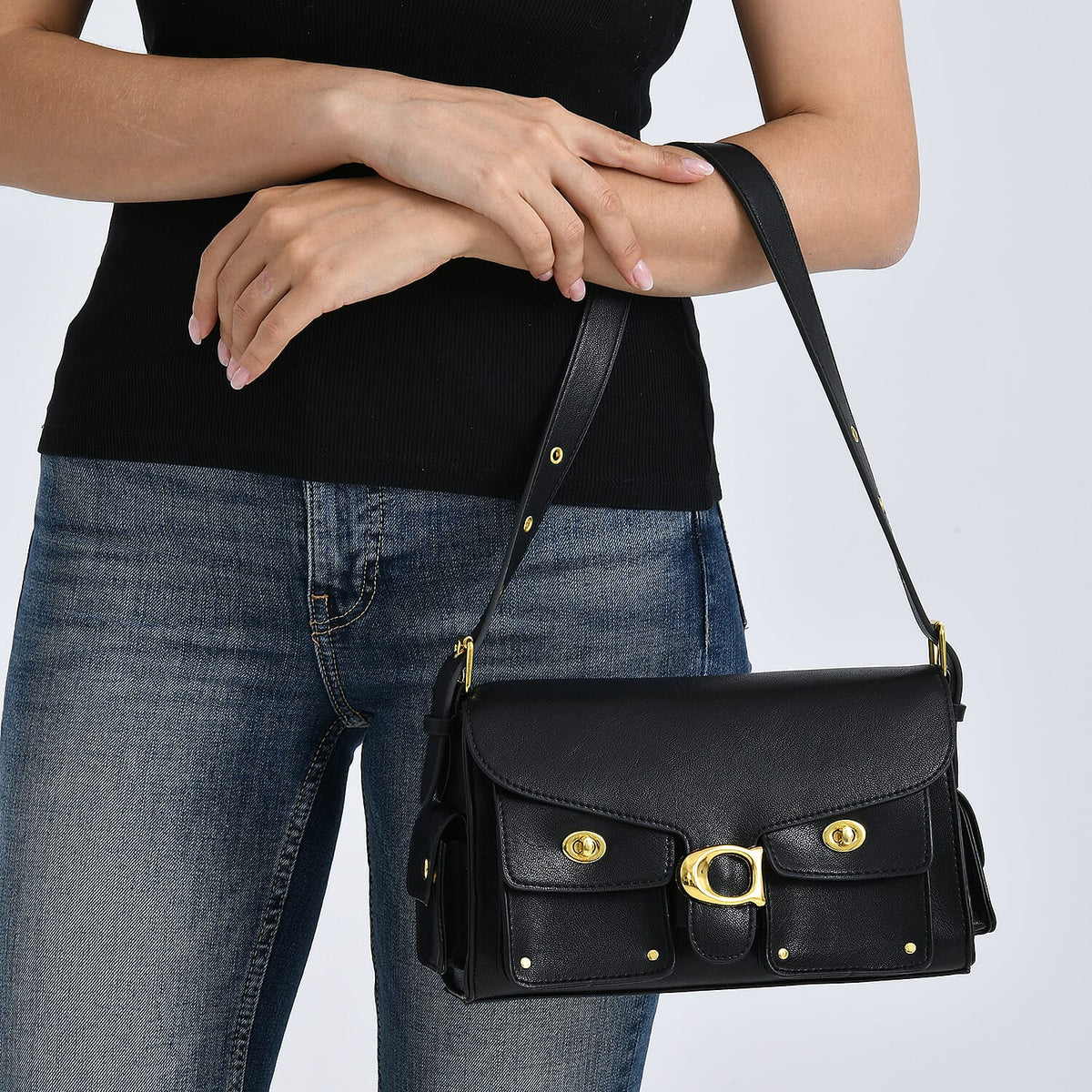 Designer Inspired Cargo Turnlock Soft Tabby Shoulder Bag - Black V32513845 4