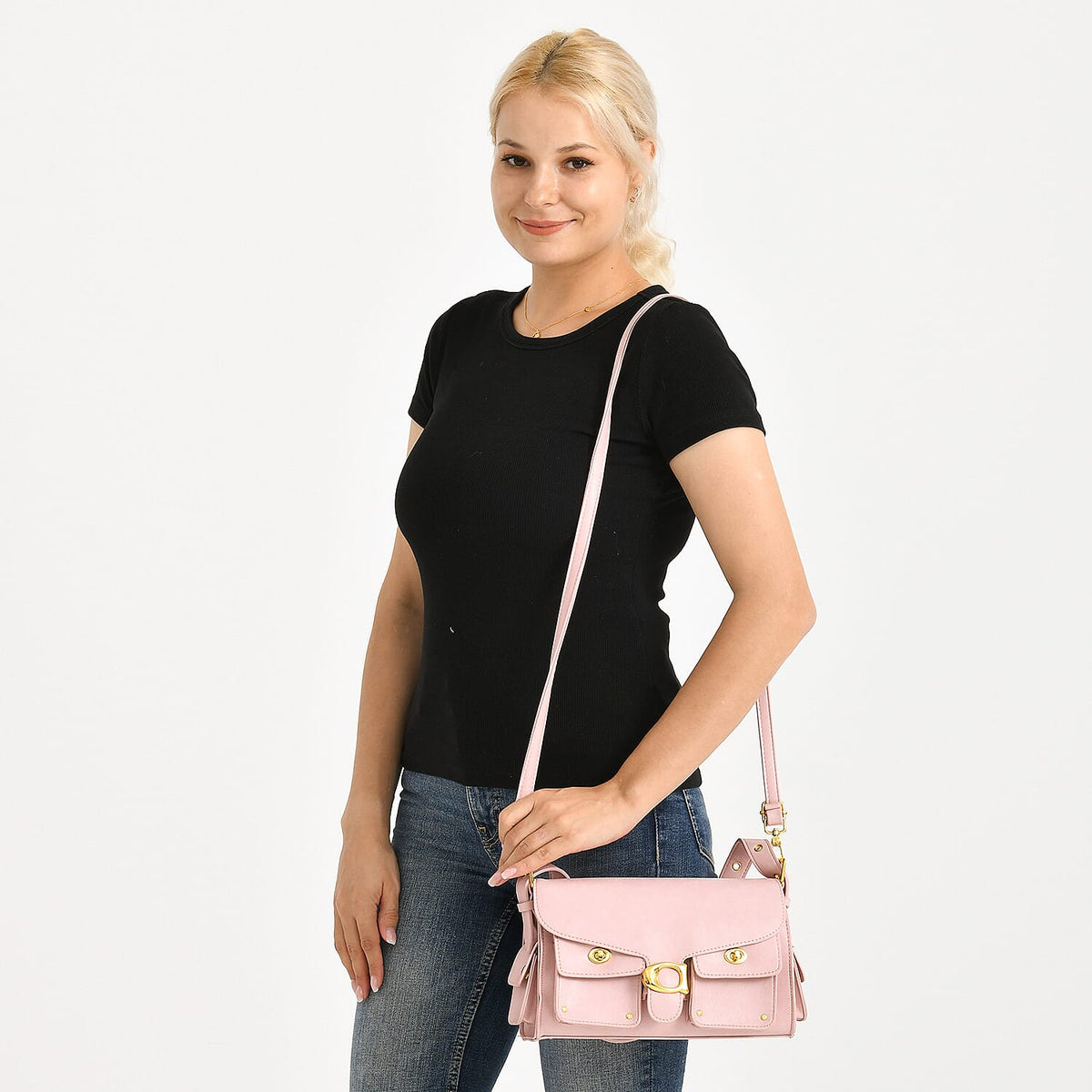 Designer Inspired Cargo Turnlock Soft Tabby Shoulder Bag - Pink V32513178 3