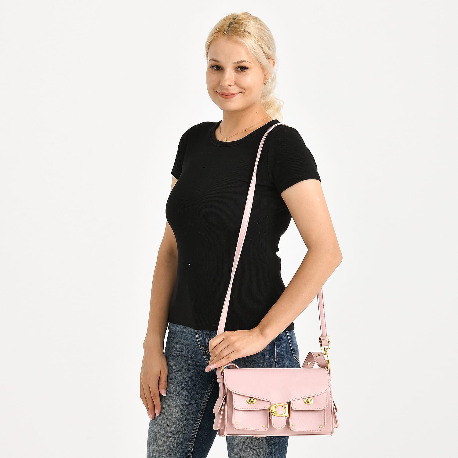 Designer Inspired Cargo Turnlock Soft Tabby Shoulder Bag - Pink V32513178 3
