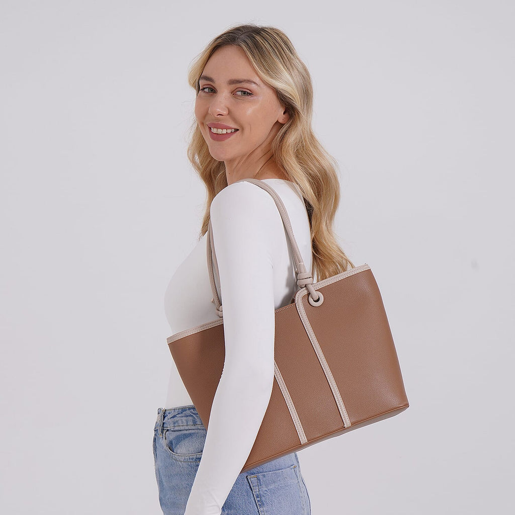 Elegant Two-Tone Tote Handbag for Everyday Use - Brown & Beige