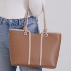 Elegant Two-Tone Tote Handbag for Everyday Use - Brown & Beige