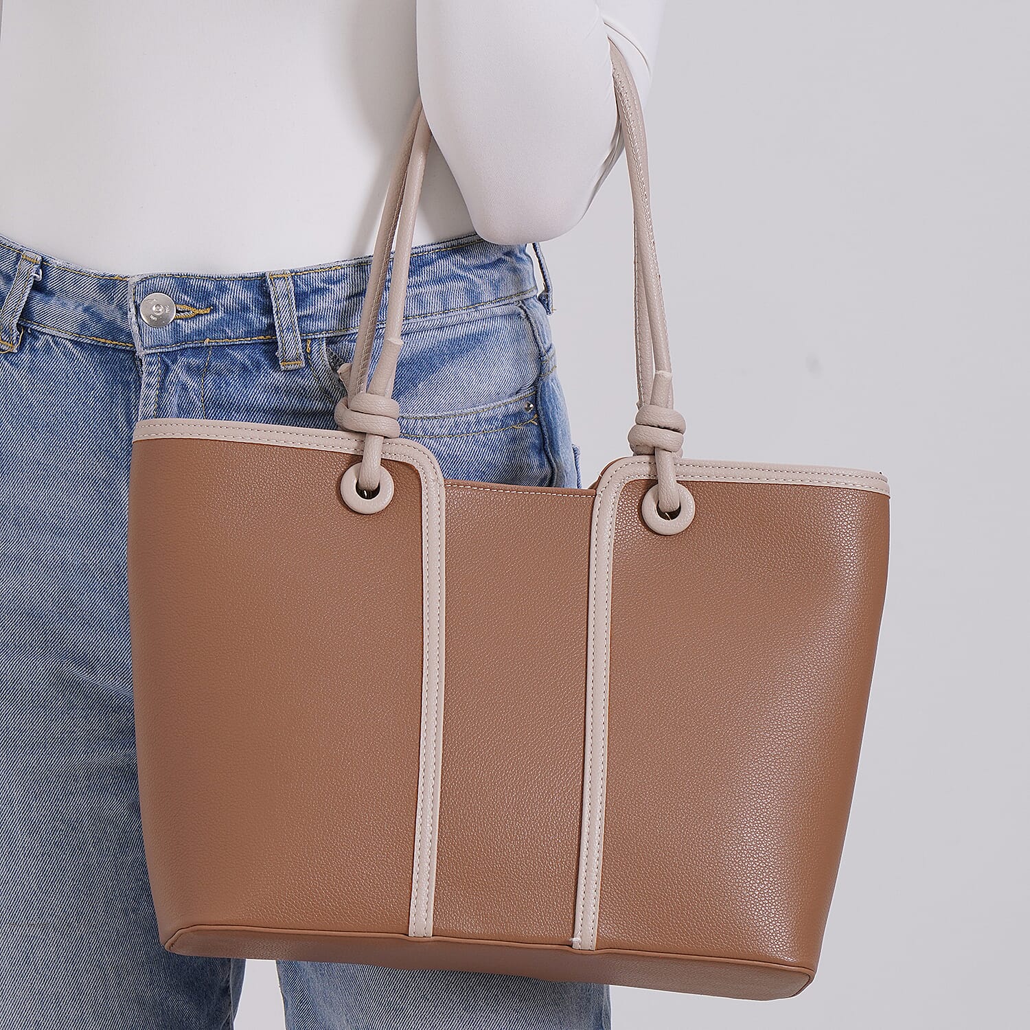 Elegant Two-Tone Tote Handbag for Everyday Use - Brown &amp; Beige 8043267 3