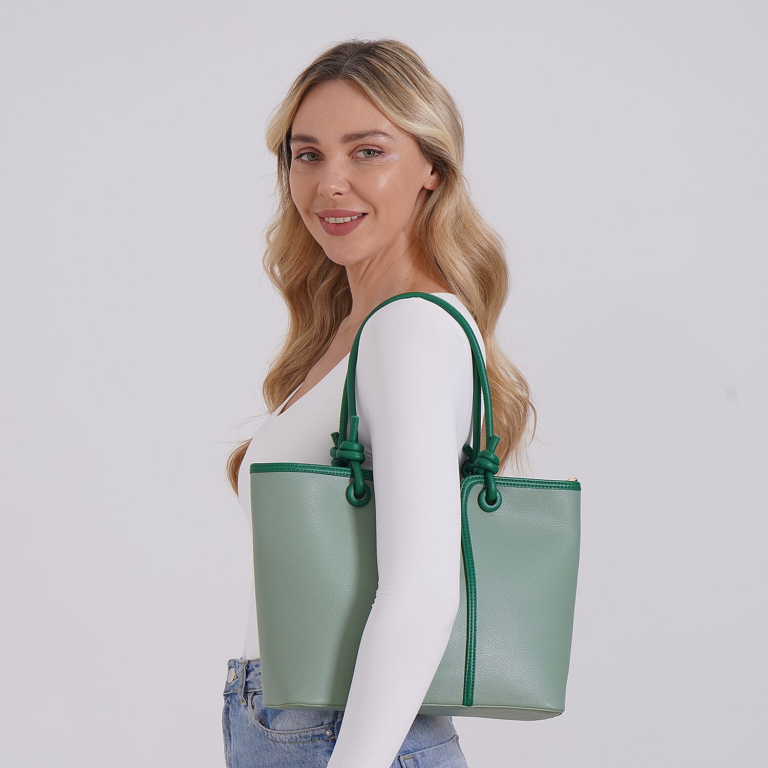 Elegant Two-Tone Tote Handbag for Everyday Use - Green &amp; Dark Green V32527760 2