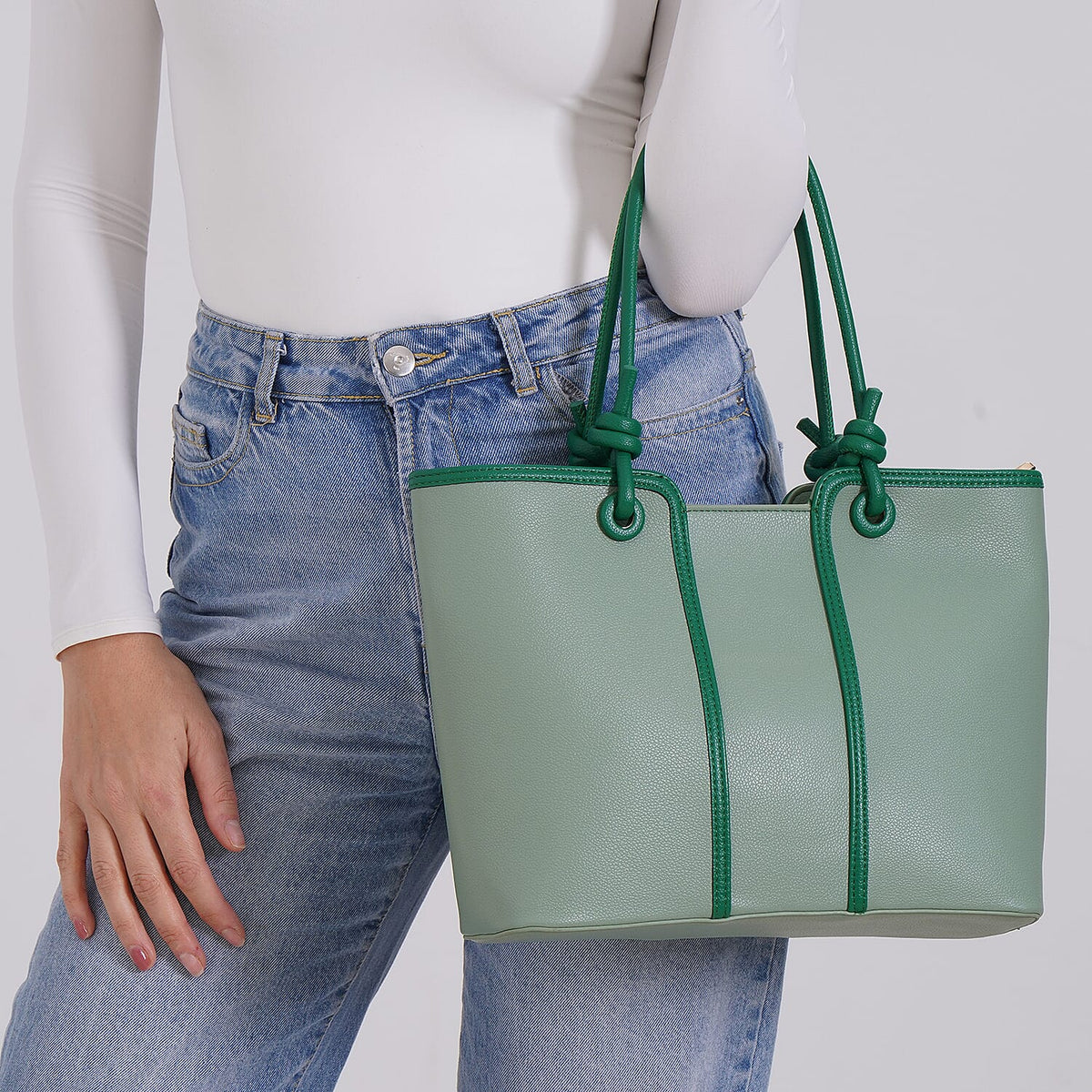 Elegant Two-Tone Tote Handbag for Everyday Use - Green &amp; Dark Green V32527760 3