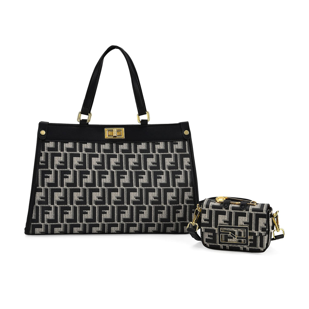 Set of 2 Monogram Tote Bag with Small Matching Bag - Black &amp; Off-White 8223692 0