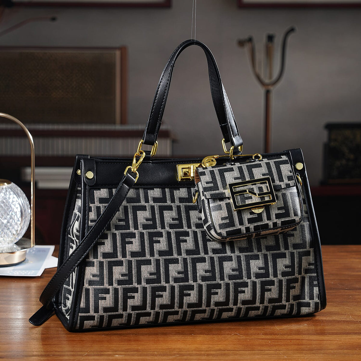 Set of 2 Monogram Tote Bag with Small Matching Bag - Black &amp; Off-White 8223692 2