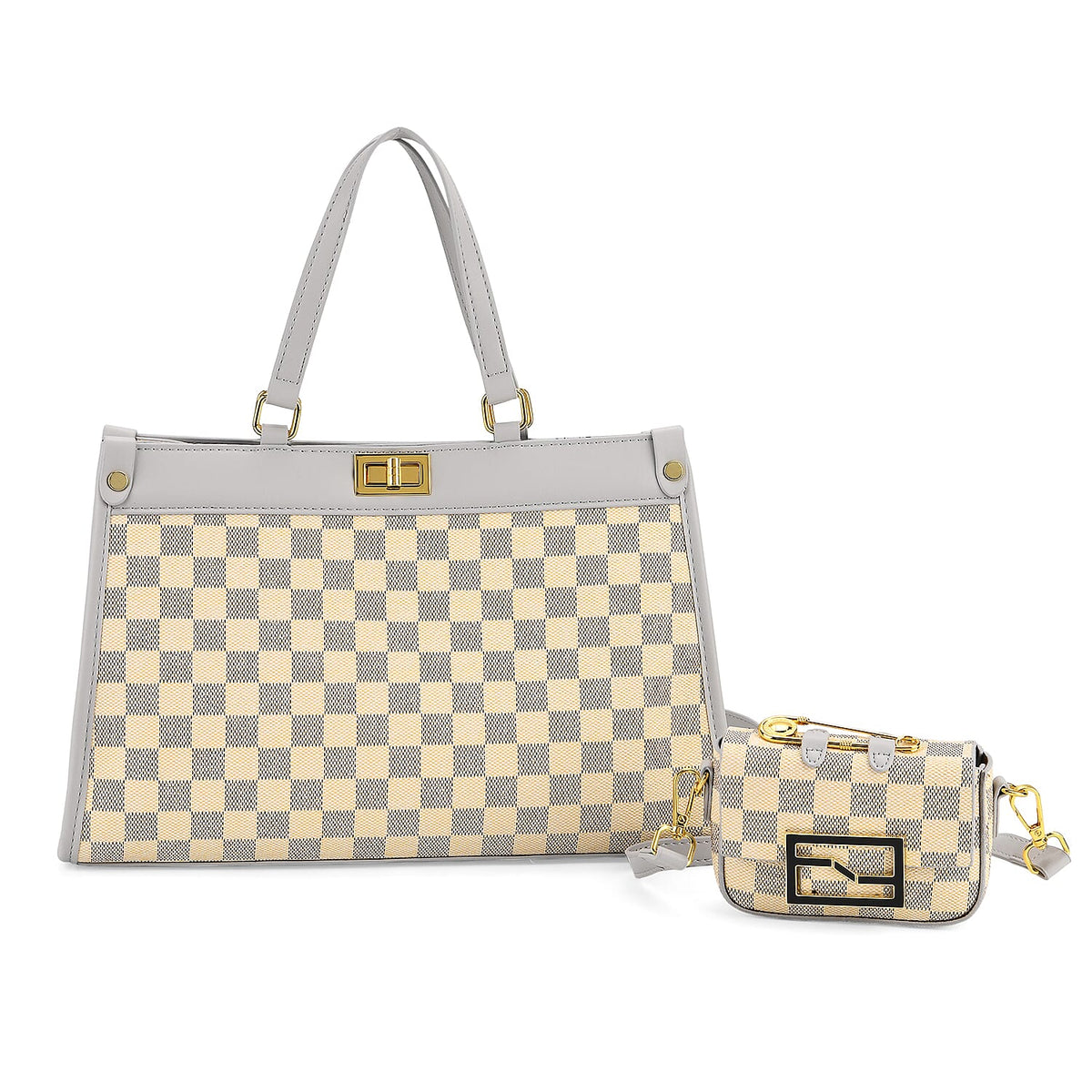 Set of 2 Monogram Tote Bag with Small Matching Bag - Grey &amp; Yellow 8223719 0