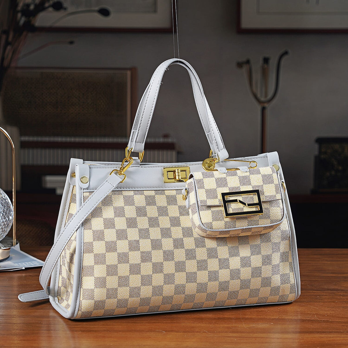 Set of 2 Monogram Tote Bag with Small Matching Bag - Grey &amp; Yellow 8223719 2
