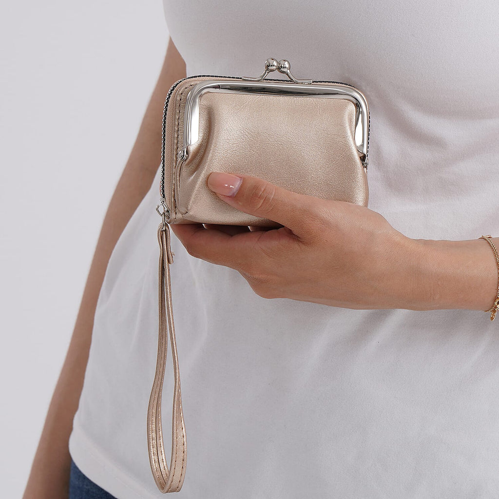 2-in-1 Wristlet Gold RFID Classic Kiss-Lock Wallet