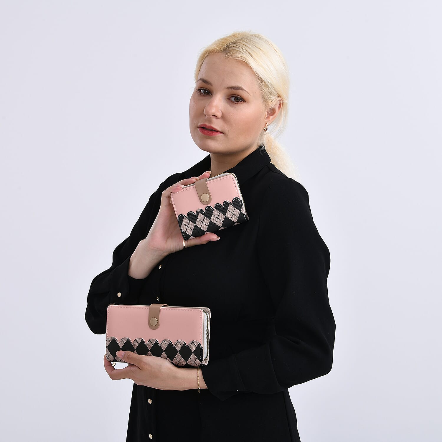 Set of 2- Rhomboid Pattern Clutch - Short Wallet - Light Pink 8046738 2