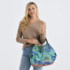 2-in-1 Flower & Grass Print RFID Crossbody Wallet & Foldable Bag - Blue