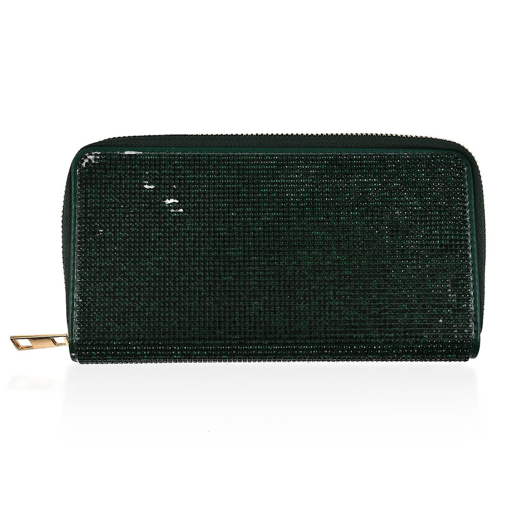 Crystal Studded Purse With Zipped Closure - Green