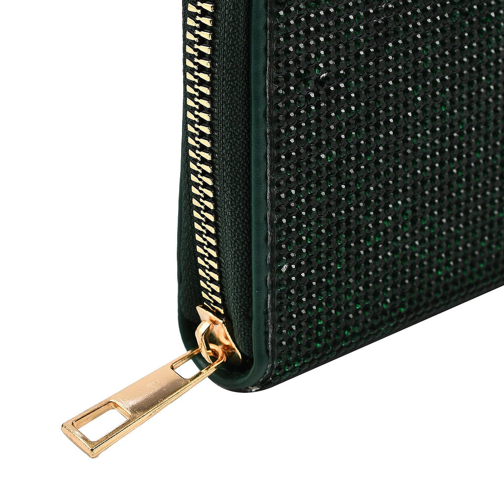 Crystal Studded Purse With Zipped Closure - Green