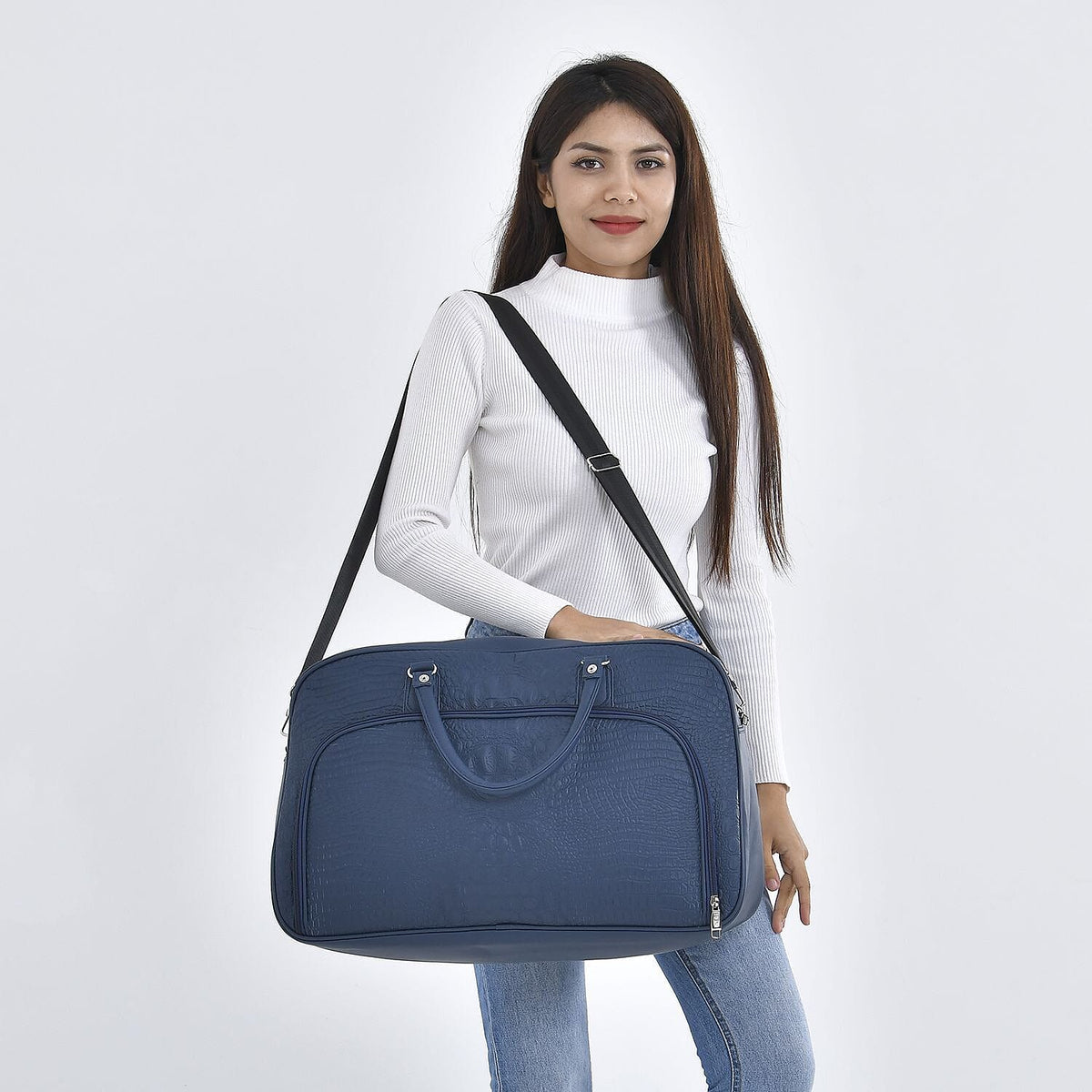 Closeout Deal - Leatherette Croc Embossed Holdall Travel Bag - Navy Blue 7227090 1