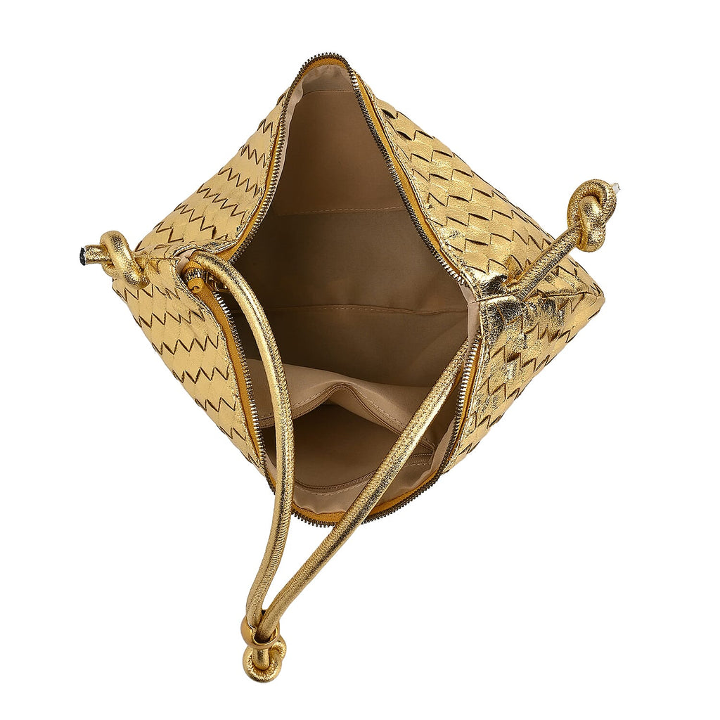 Leatherette Weave Pattern Crossbody Bag - Gold