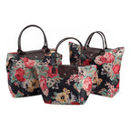 Set of 3 - Floral Pattern Tote Bag with Handle Drop - Black