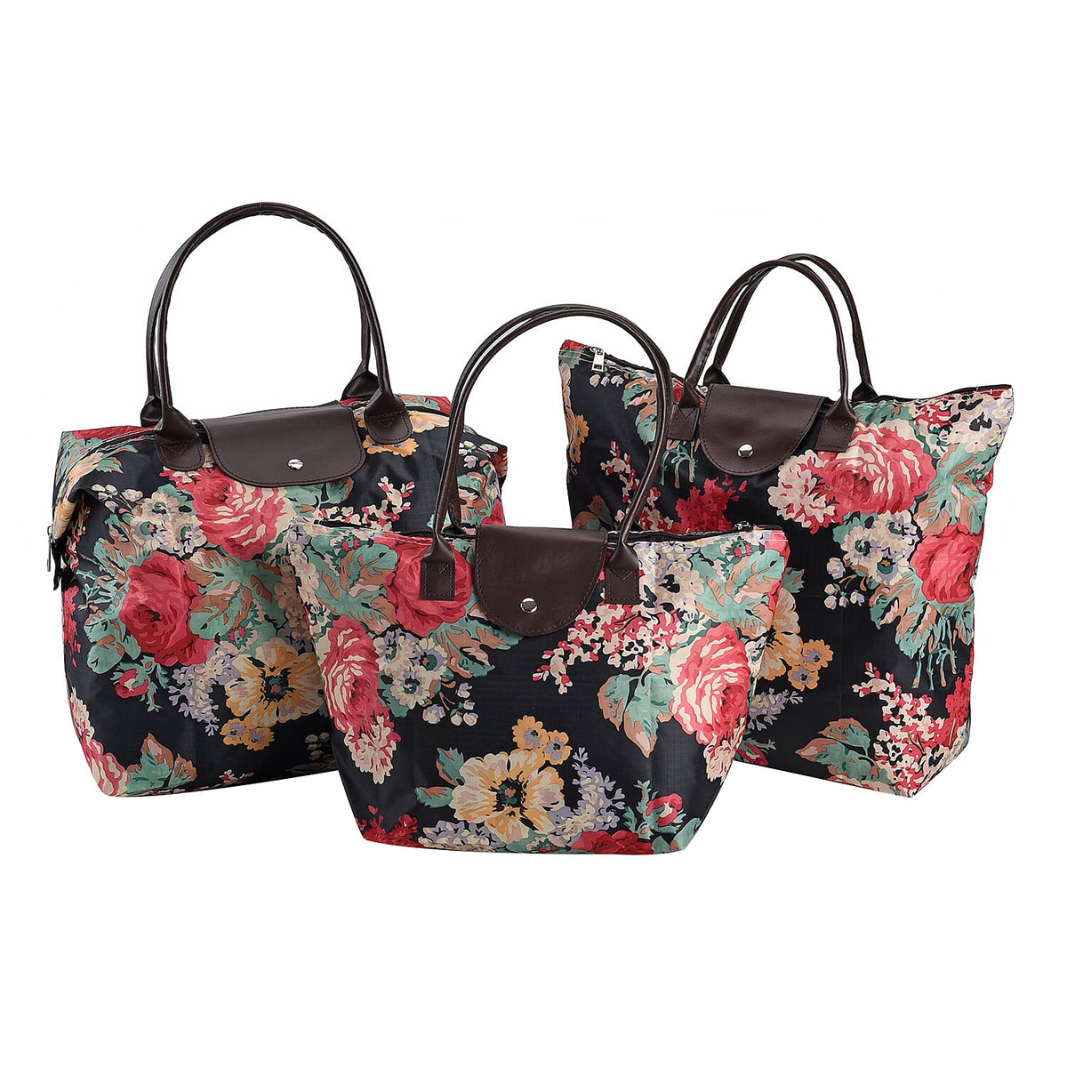 Set of 3 - Floral Pattern Tote Bag with Handle Drop - Black 7618552 0