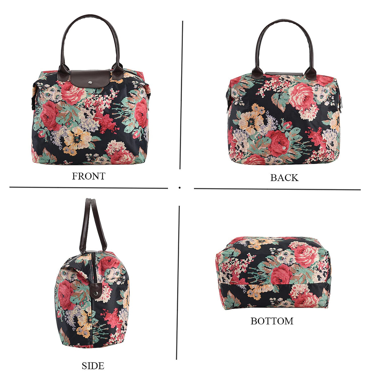 Set of 3 - Floral Pattern Tote Bag with Handle Drop - Black 7618552 1