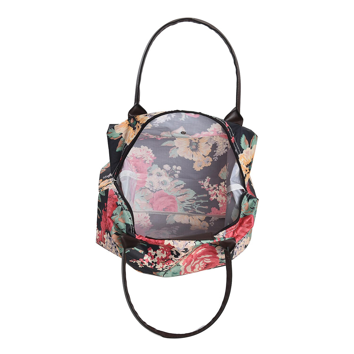 Set of 3 - Floral Pattern Tote Bag with Handle Drop - Black 7618552 2