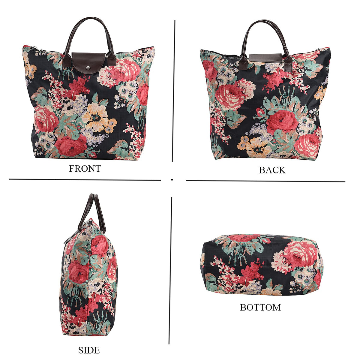 Set of 3 - Floral Pattern Tote Bag with Handle Drop - Black 7618552 3