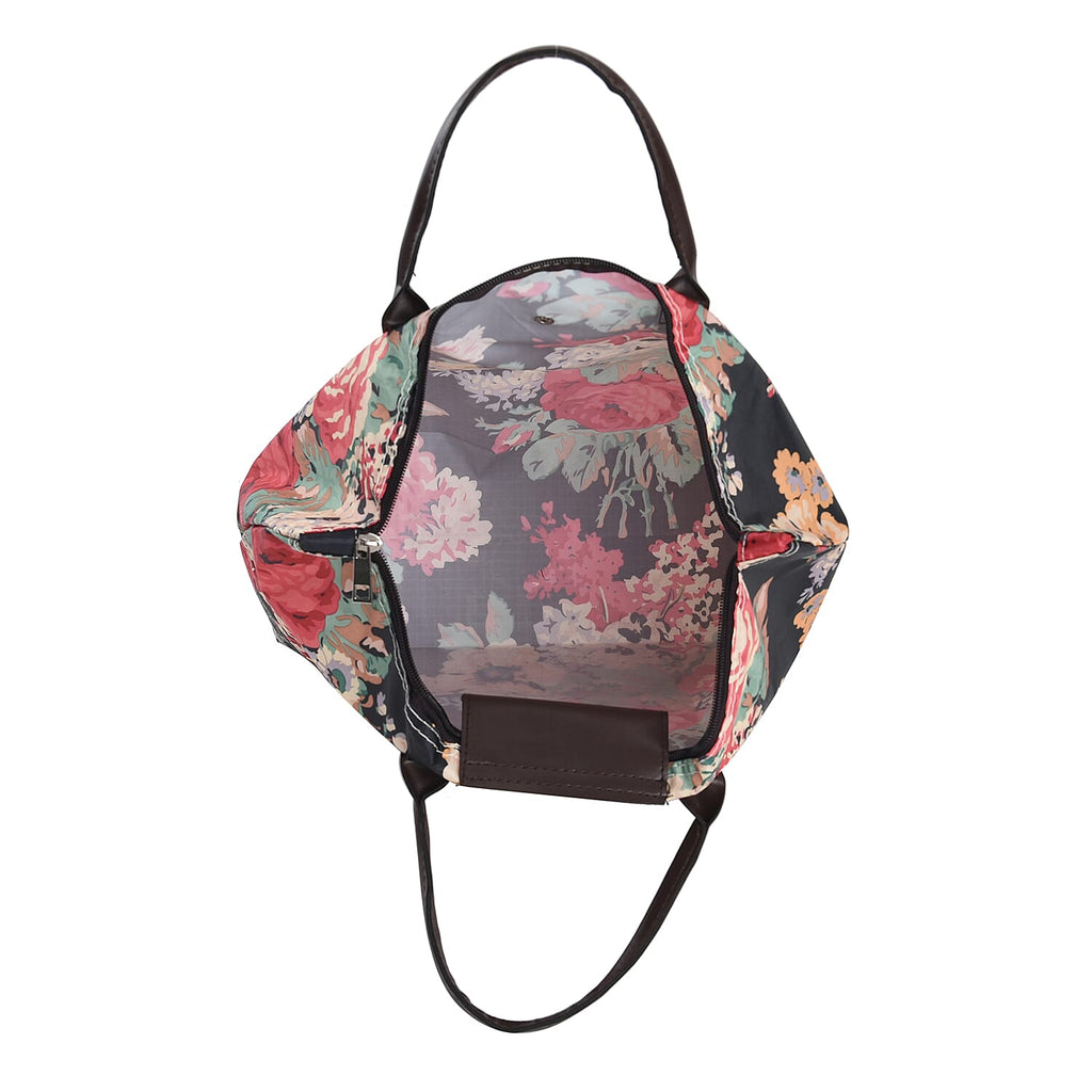 Set of 3 - Floral Pattern Tote Bag with Handle Drop - Black