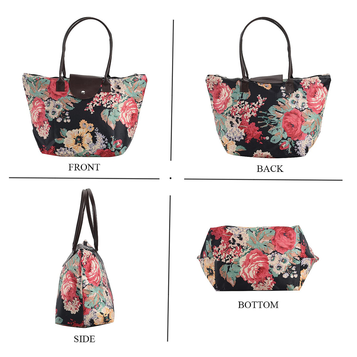Set of 3 - Floral Pattern Tote Bag with Handle Drop - Black 7618552 5