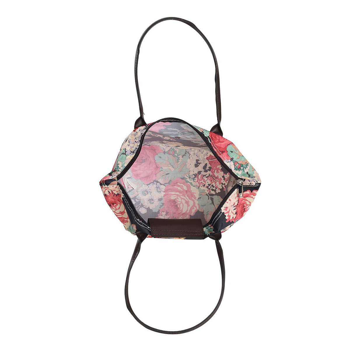 Set of 3 - Floral Pattern Tote Bag with Handle Drop - Black 7618552 6