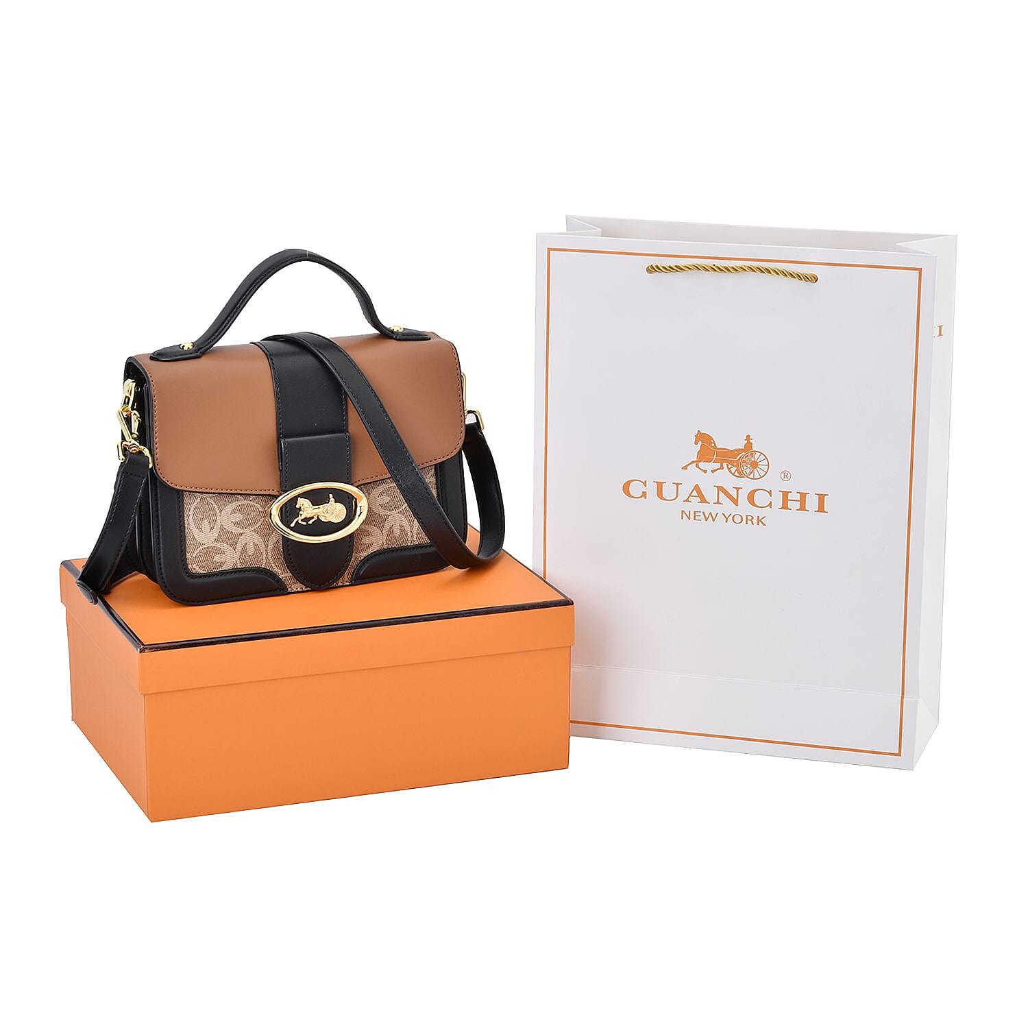 New Designer Launch GUANCHI New York Oval Pattern Cossbody Bag With Handle Drop &amp; Shoulder Strap - Brown &amp; Black 7567649 6