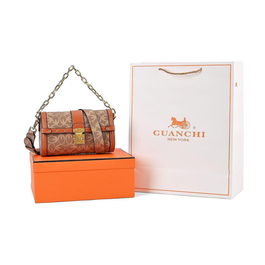 Guanchi Crossbody Bag with Exterior Zipped Pocket - Chain Strap - Brown