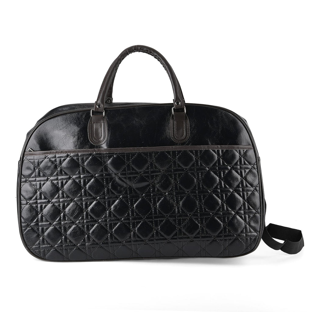 Quilted Weekender Travel Style Duffle Bag with Shoulder Strap - Black