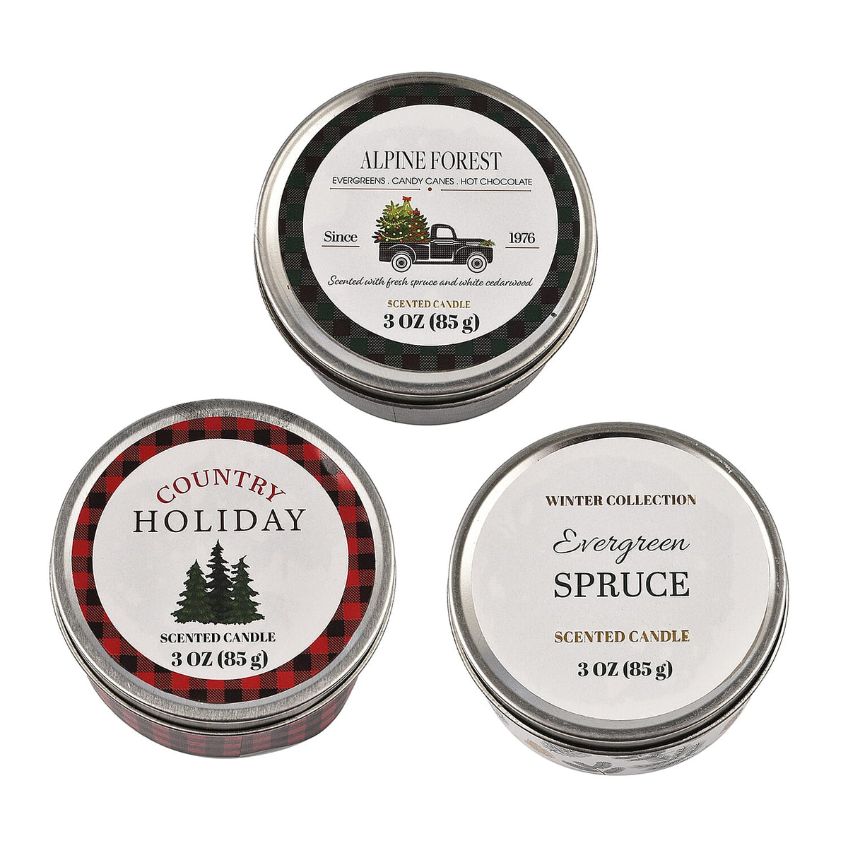 Pack of 3 Tin Candles - Plaid (Country Holiday, Evergreen Spruce, Alpine Forest) 7641106 0