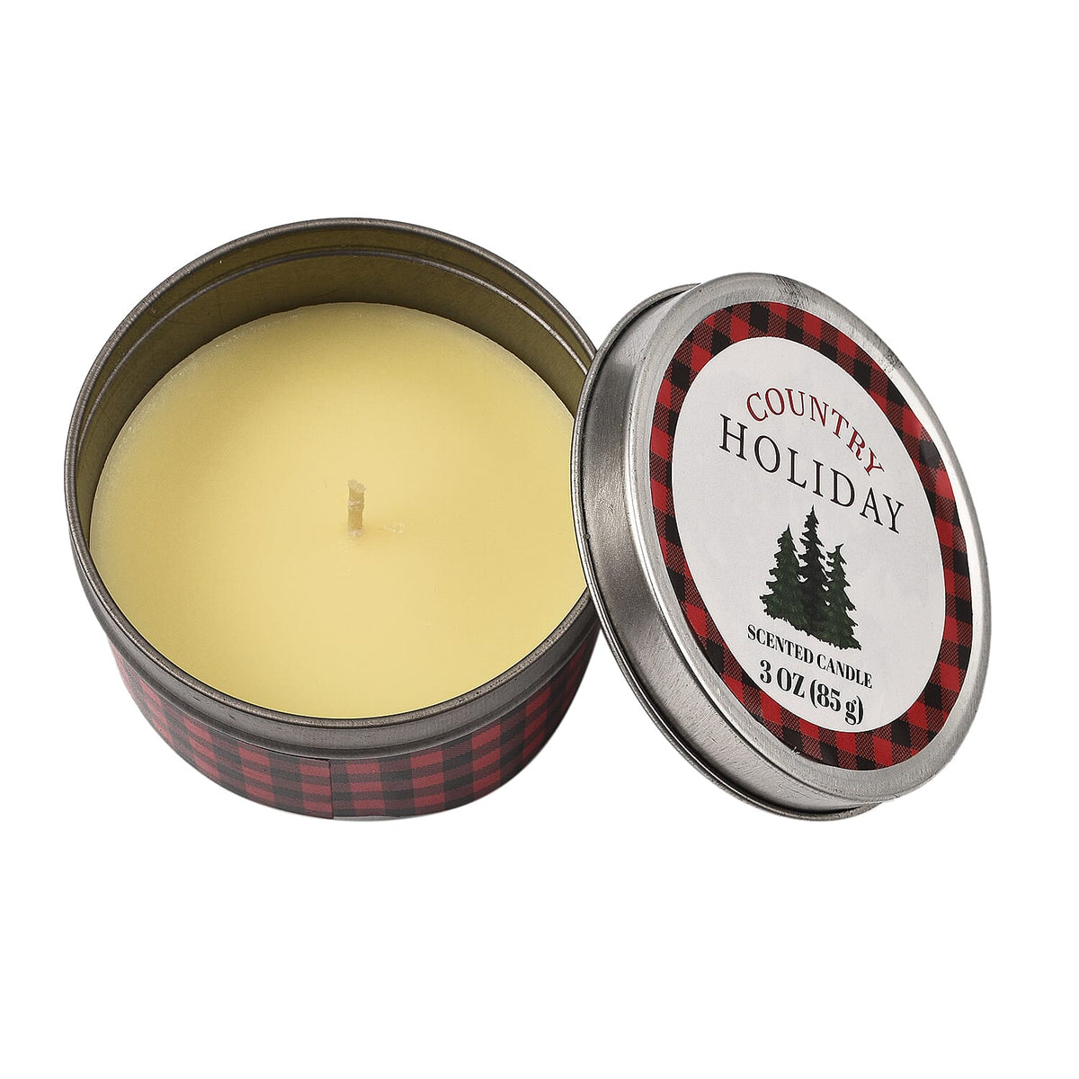 Pack of 3 Tin Candles - Plaid (Country Holiday, Evergreen Spruce, Alpine Forest) 7641106 1