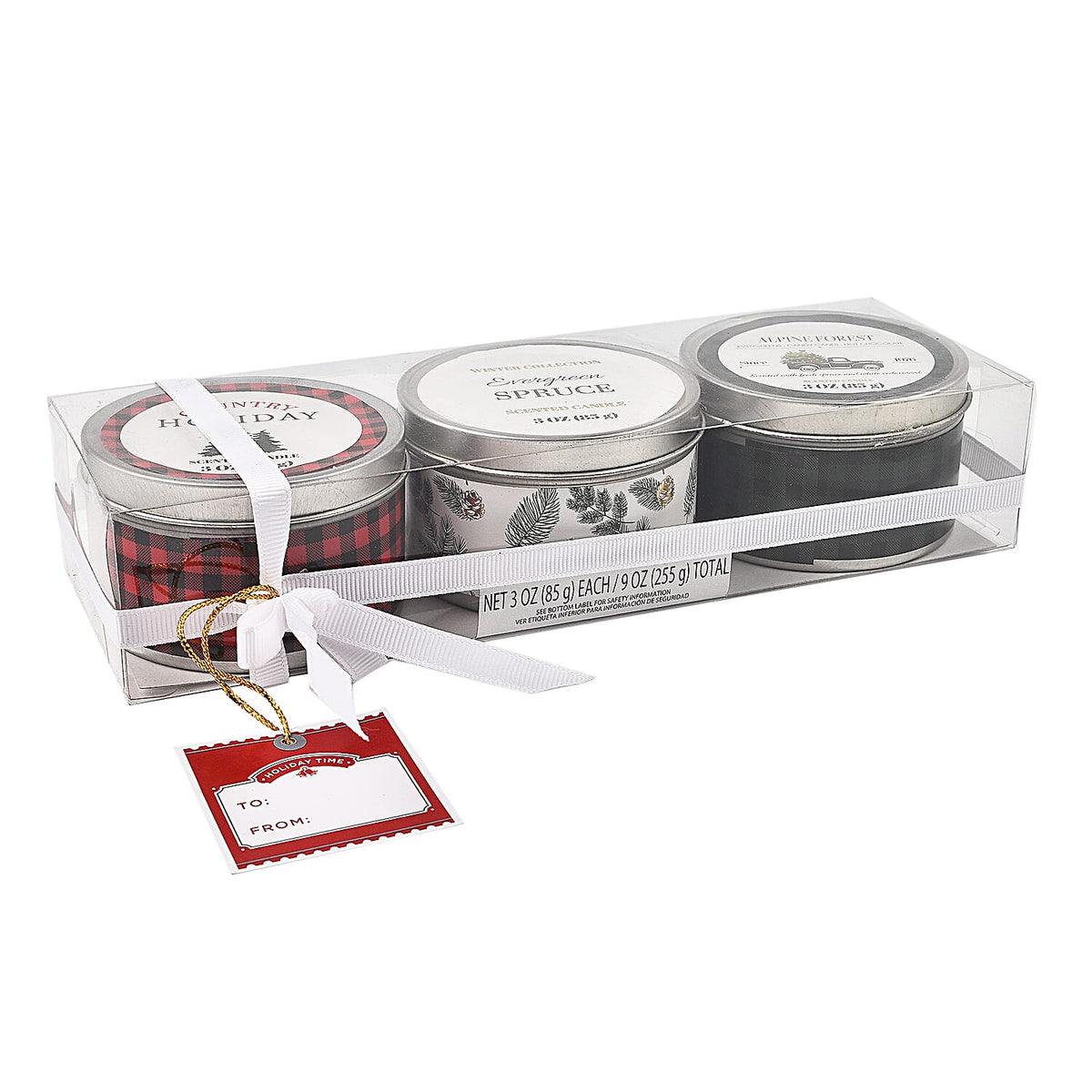 Pack of 3 Tin Candles - Plaid (Country Holiday, Evergreen Spruce, Alpine Forest) 7641106 4