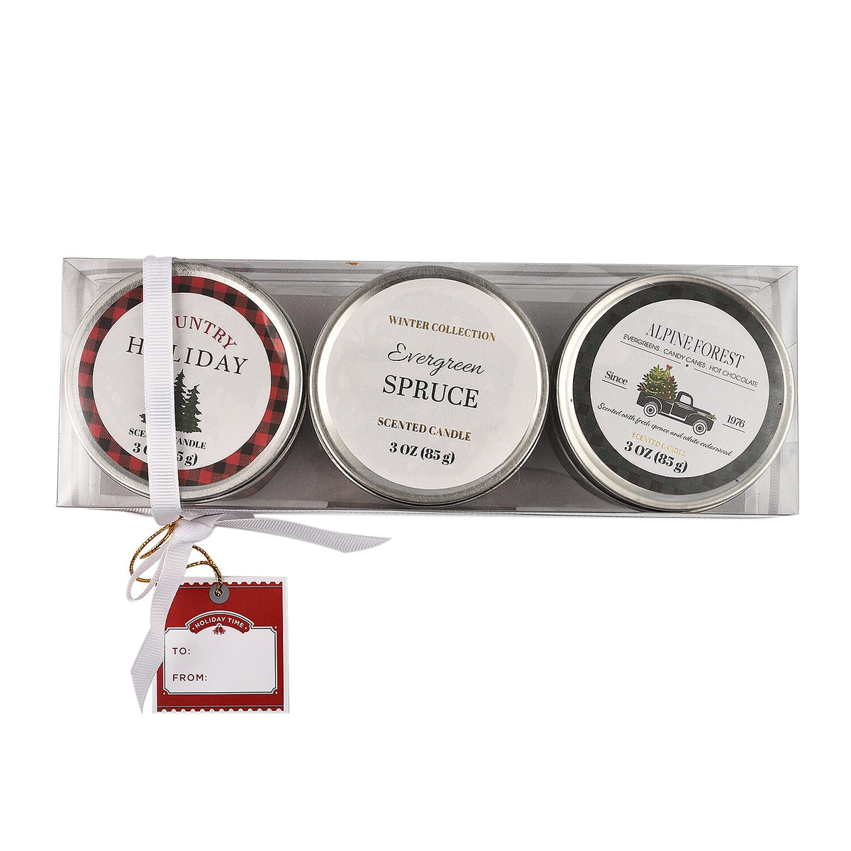 Pack of 3 Tin Candles - Plaid (Country Holiday, Evergreen Spruce, Alpine Forest) 7641106 5