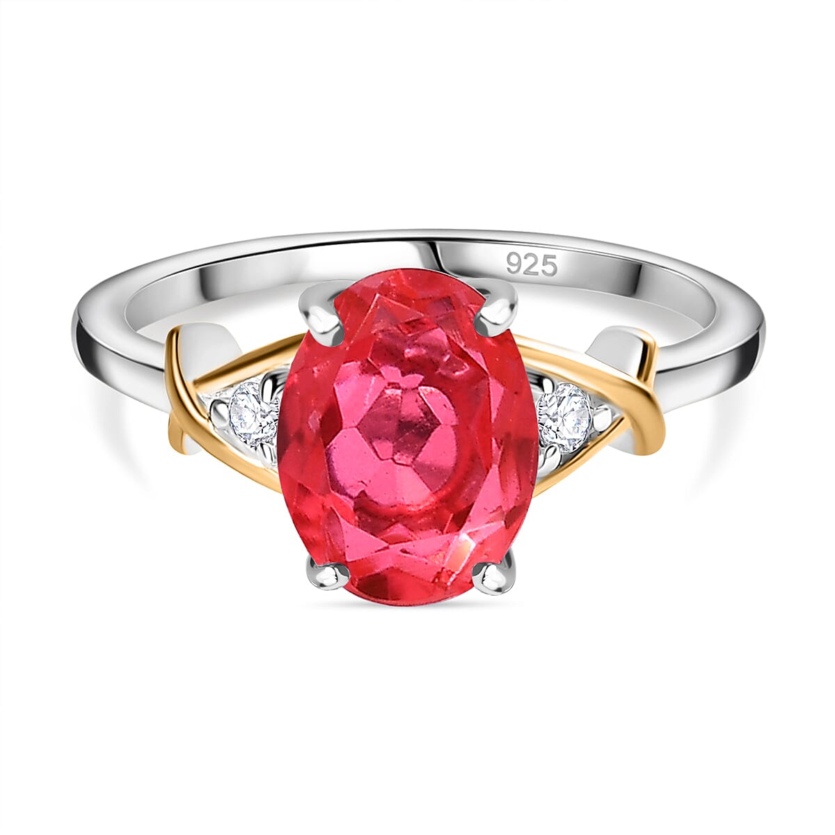 D'Joy - Padparadscha Triplet Quartz &amp; Natural Zircon Trilogy Ring in 18K Vermeil Yellow Gold Plated &amp; Rhodium Overlay Sterling Silver 2.00 Ct. 7581182 0