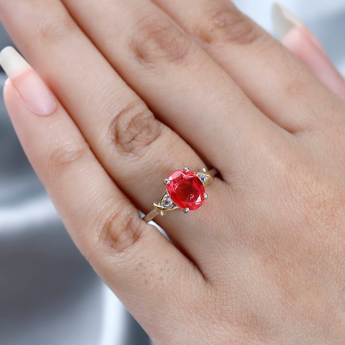 D'Joy - Padparadscha Triplet Quartz &amp; Natural Zircon Trilogy Ring in 18K Vermeil Yellow Gold Plated &amp; Rhodium Overlay Sterling Silver 2.00 Ct. 7581182 2