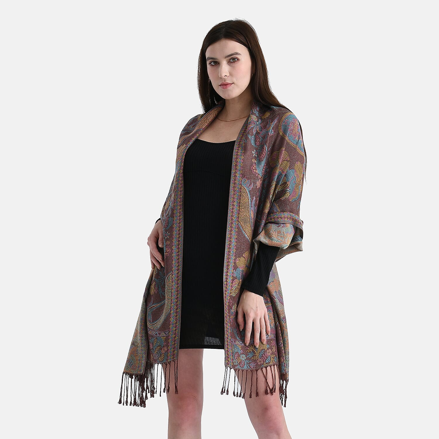 New Arrival - Geometric Pattern Jacquard Scarf with Tassels (180 x 70 cm) - Turquoise &amp; Multi V32530122 0