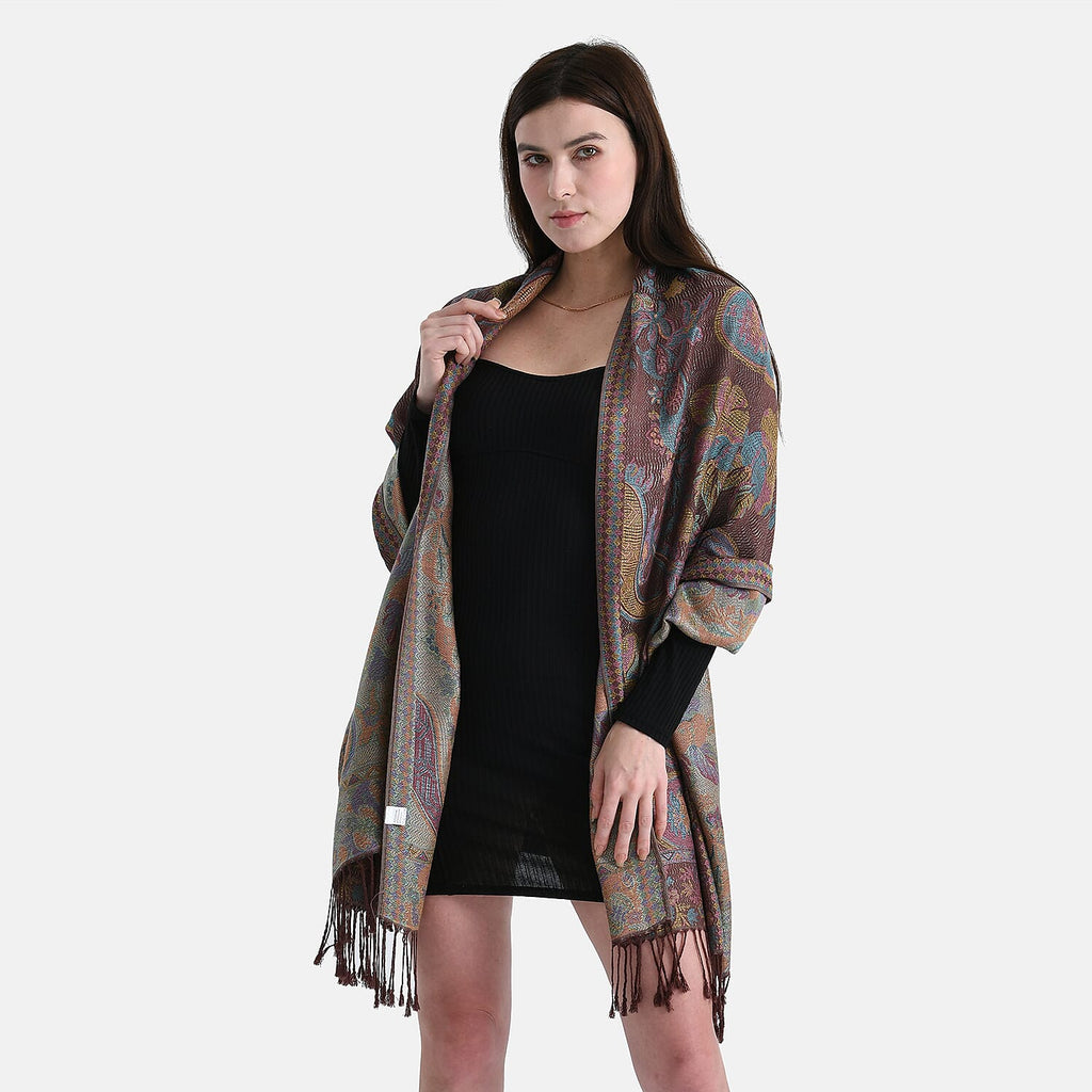 New Arrival - Geometric Pattern Jacquard Scarf with Tassels (180 x 70 cm) - Turquoise & Multi