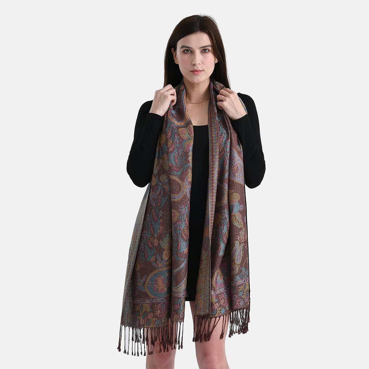 New Arrival - Geometric Pattern Jacquard Scarf with Tassels (180 x 70 cm) - Turquoise &amp; Multi V32530122 3