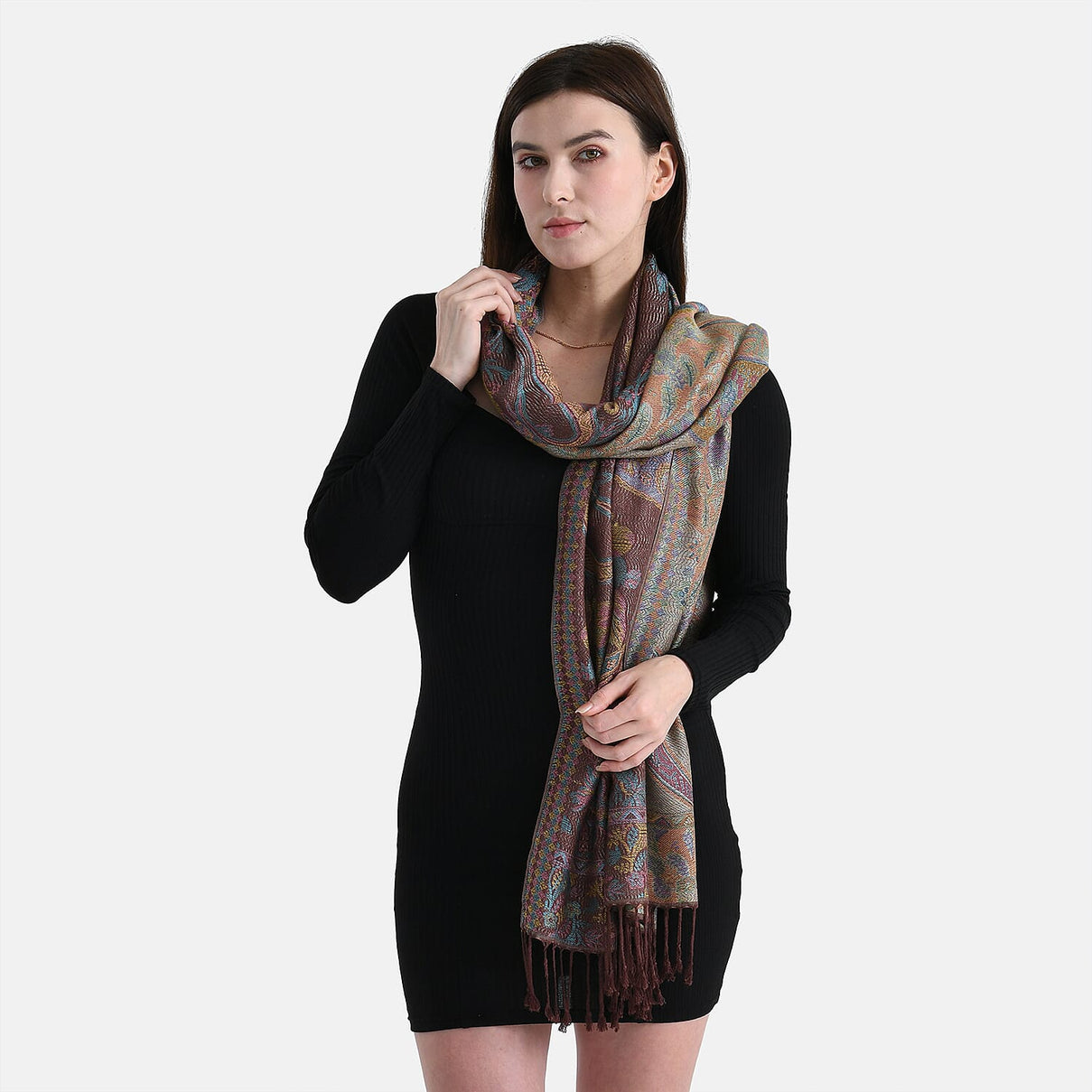 New Arrival - Geometric Pattern Jacquard Scarf with Tassels (180 x 70 cm) - Turquoise &amp; Multi V32530122 4