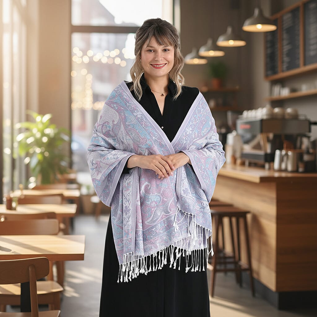 Paisley Print Scarf with Tassels (180x70cm) - White &amp; Grey 8165624 4