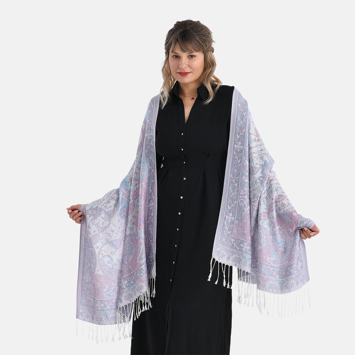 Paisley Print Scarf with Tassels (180x70cm) - White &amp; Grey 8165624 6